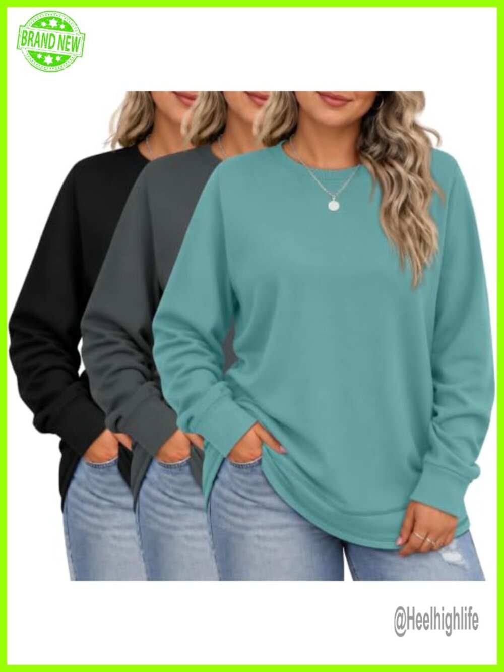 Plus Size Cotton Sweatshirts 3 Pack Long Sleeve Curved Hem Tunics